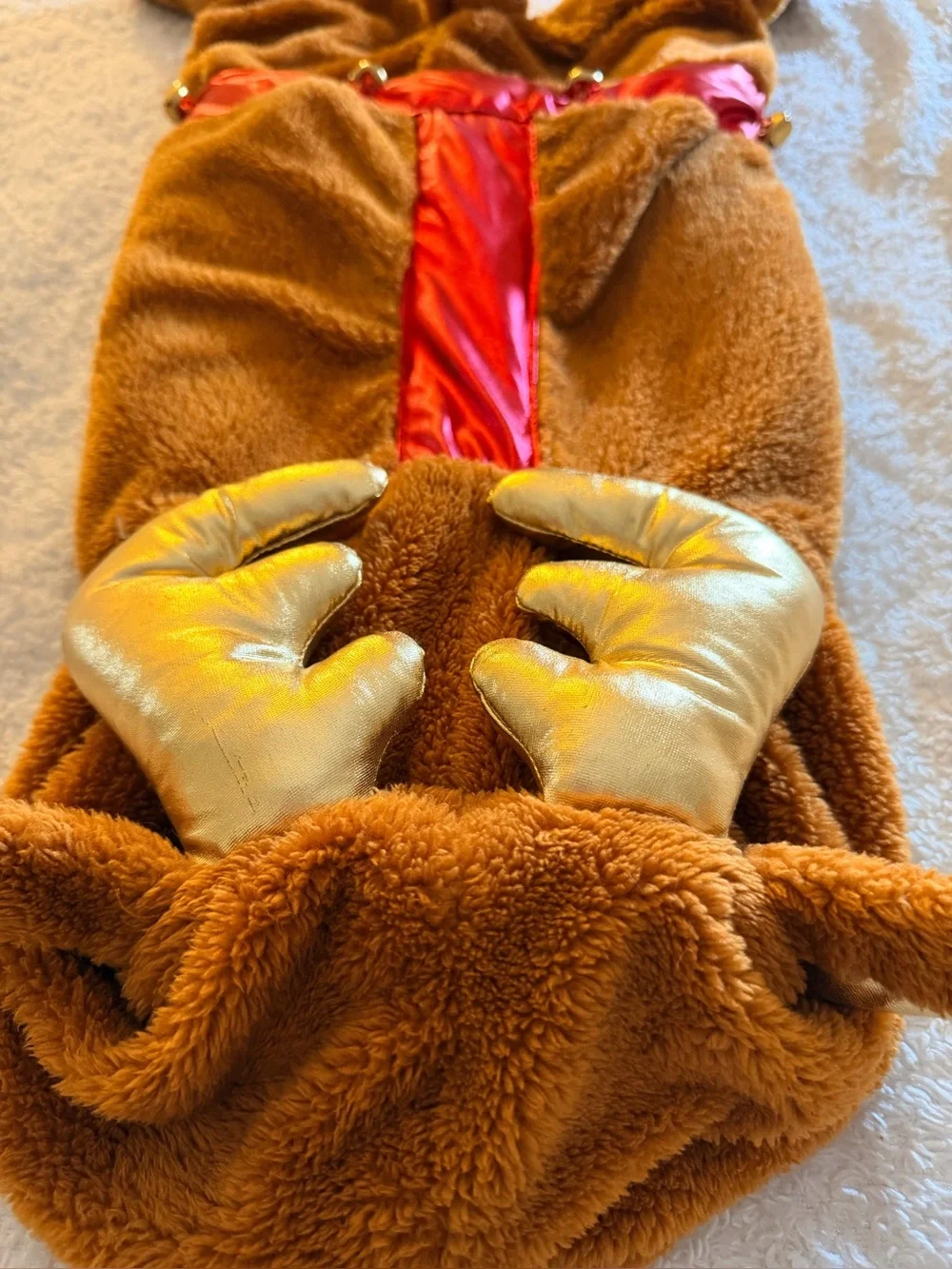 Brown Plush Reindeer Dog Costume with Red Trim and Gold Antlers